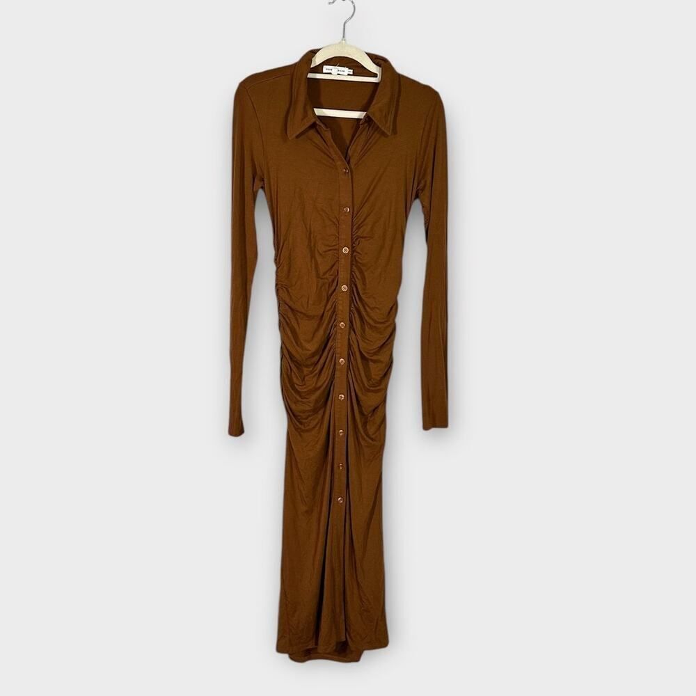 Good American Good Touch Button Front Midi Dress Women's 1/Small Brown Ruched - Picture 3 of 12